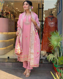 Pink Designer Kurta Pent And Dupatta Set