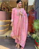 Pink Designer Kurta Pent And Dupatta Set