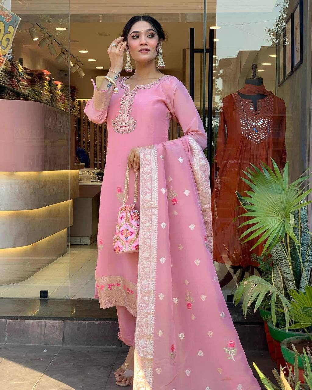 Pink Designer Kurta Pent And Dupatta Set