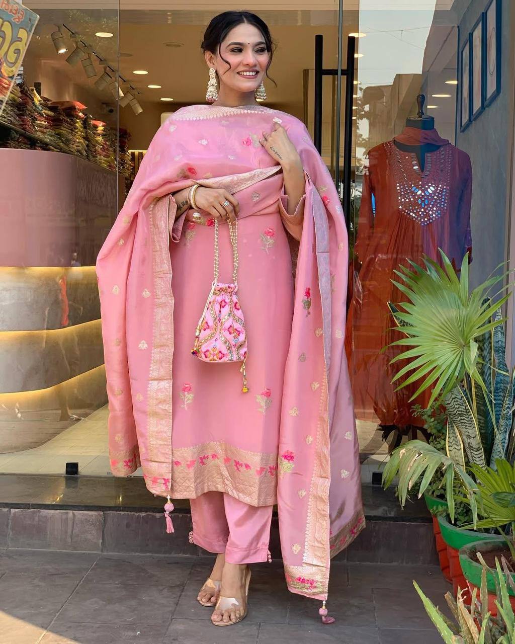 Pink Designer Kurta Pent And Dupatta Set