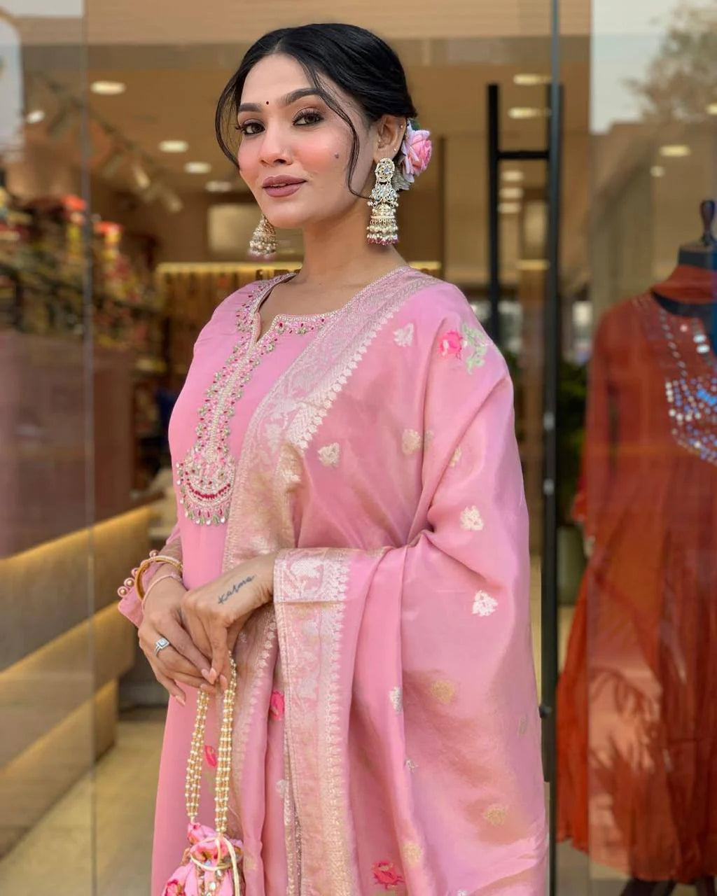 Pink Designer Kurta Pent And Dupatta Set
