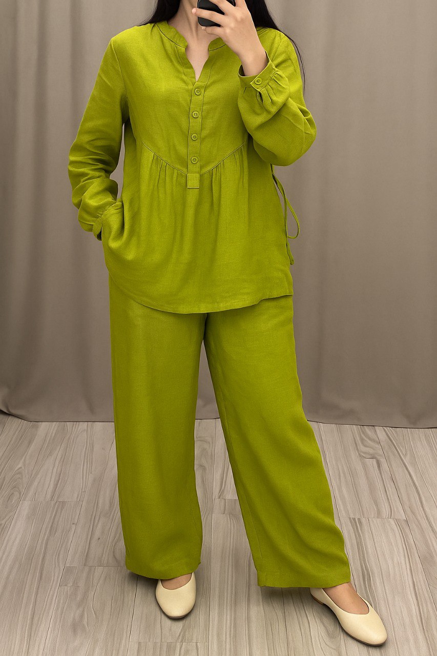 Women Cotton V-neck Two-piece Suit
