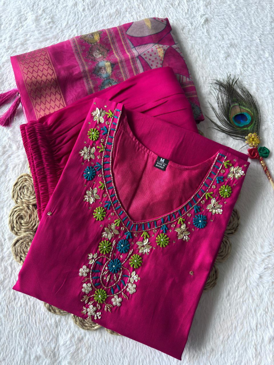 New Beautiful Hand Work Designers Kurta Pent Dupatta Set