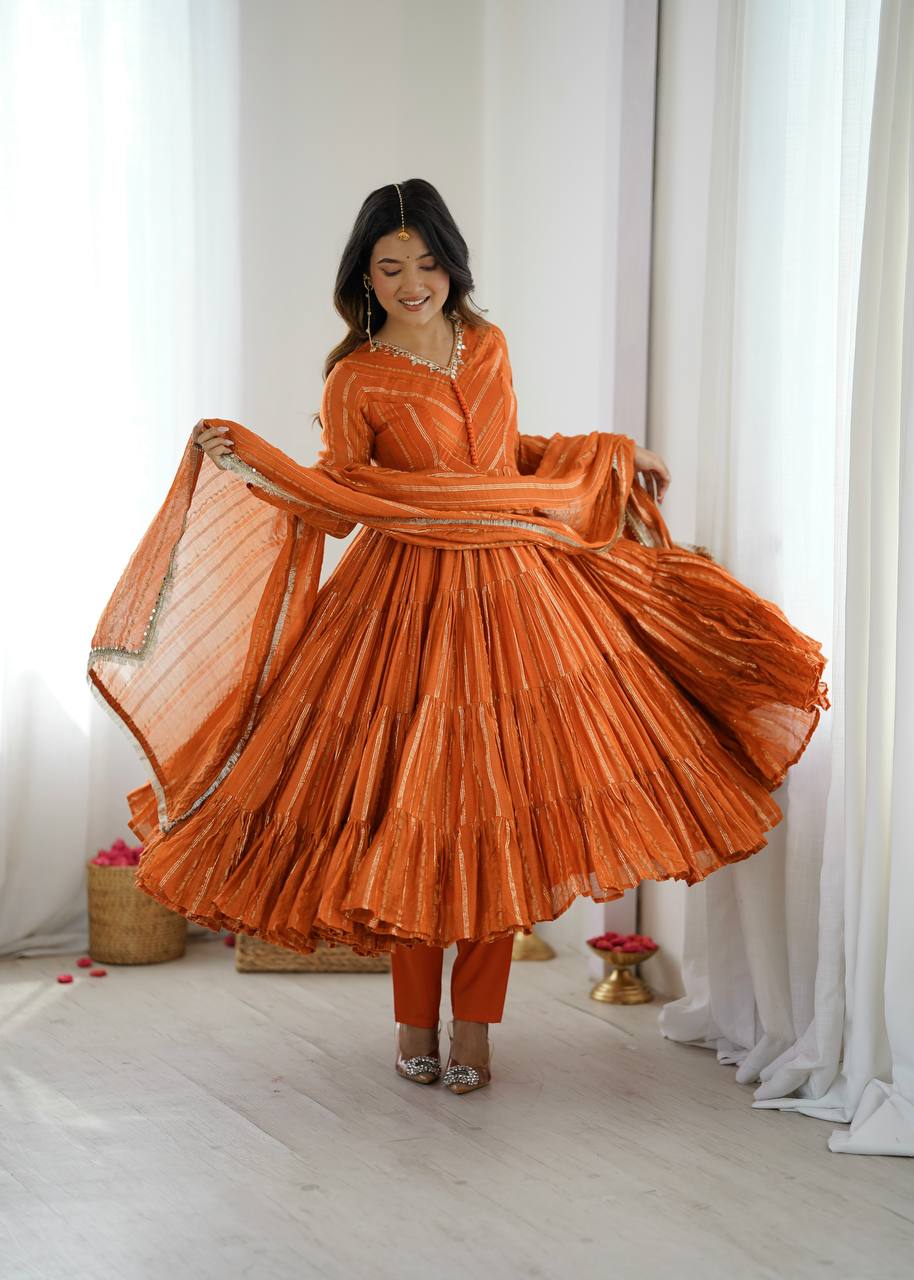 Elegant Orange Ruffle Gown Set – Real Mirror Work, Full Sleeves & Dupatta | Fully Stitched Ethnic Outfit