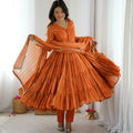 Elegant Orange Ruffle Gown Set – Real Mirror Work, Full Sleeves & Dupatta | Fully Stitched Ethnic Outfit