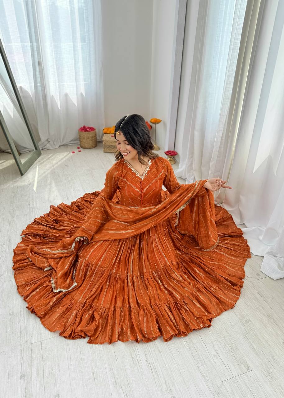 Elegant Orange Ruffle Gown Set – Real Mirror Work, Full Sleeves & Dupatta | Fully Stitched Ethnic Outfit