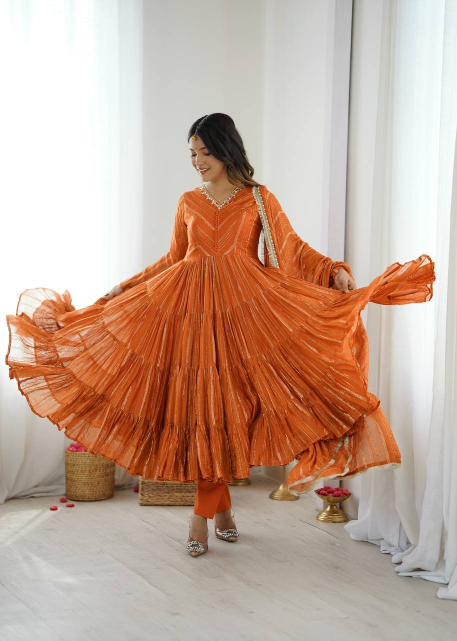 Elegant Orange Ruffle Gown Set – Real Mirror Work, Full Sleeves & Dupatta | Fully Stitched Ethnic Outfit