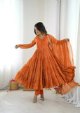 Elegant Orange Ruffle Gown Set – Real Mirror Work, Full Sleeves & Dupatta | Fully Stitched Ethnic Outfit