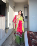 Lime Green Sharara Suit with Mirror Work and Pink Dupatta