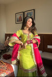 Lime Green Sharara Suit with Mirror Work and Pink Dupatta