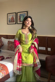 Lime Green Sharara Suit with Mirror Work and Pink Dupatta