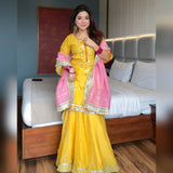 Yellow Mirror Work Sharara Suit with Pink Dupatta