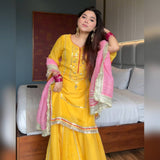 Yellow Mirror Work Sharara Suit with Pink Dupatta