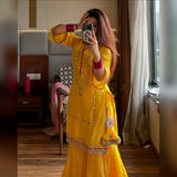Yellow Mirror Work Sharara Suit with Pink Dupatta