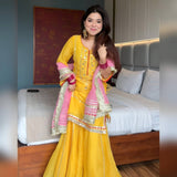 Yellow Mirror Work Sharara Suit with Pink Dupatta
