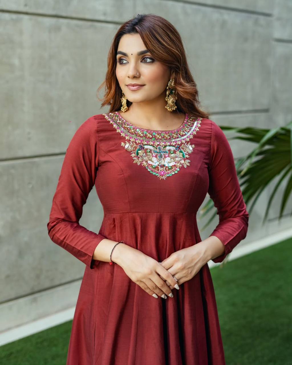 Maroon Silk Embroidered Kurta Set With Dupatta