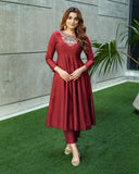 Maroon Silk Embroidered Kurta Set With Dupatta