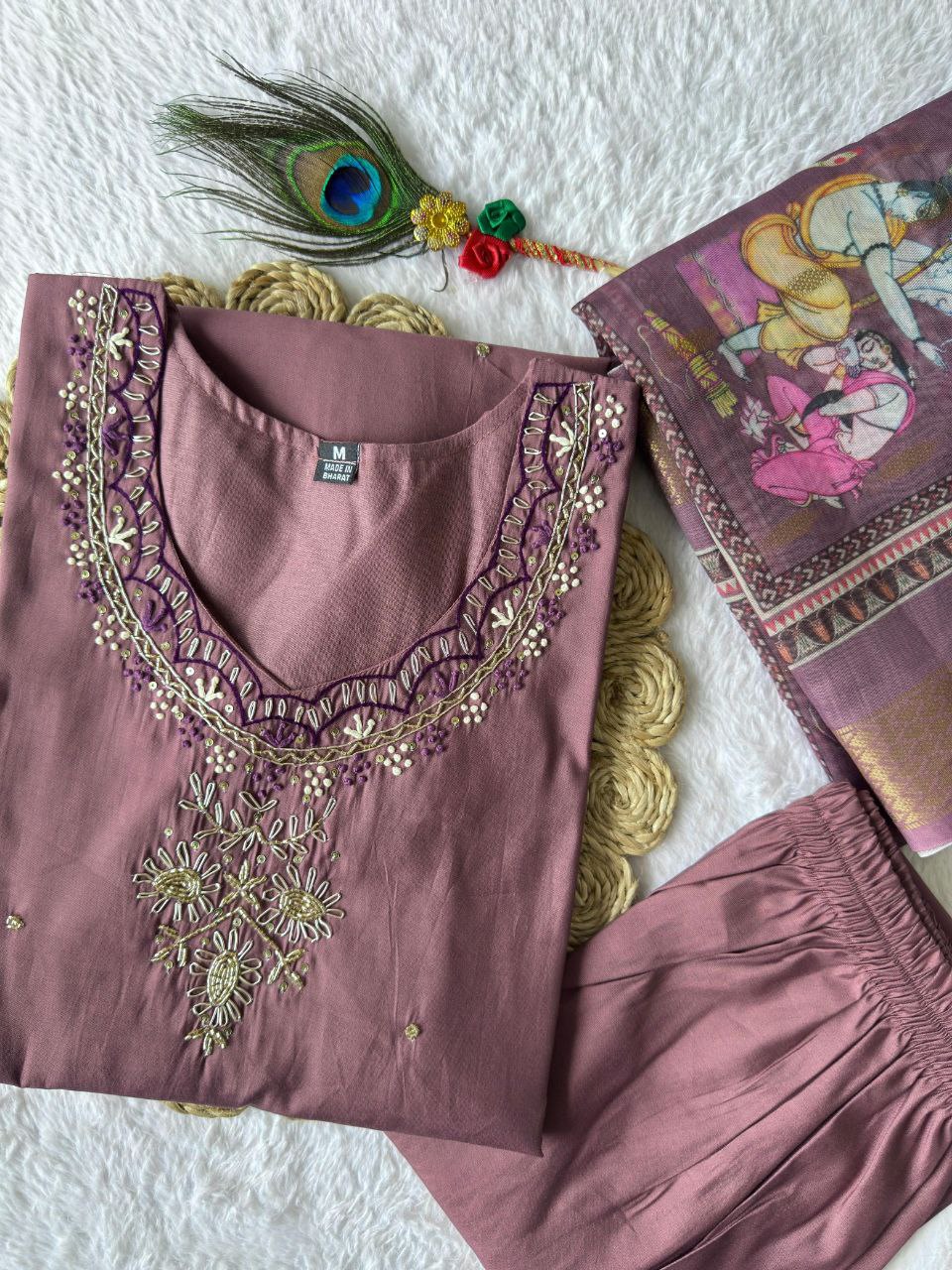 Wine Chanderi Cotton Suit Set