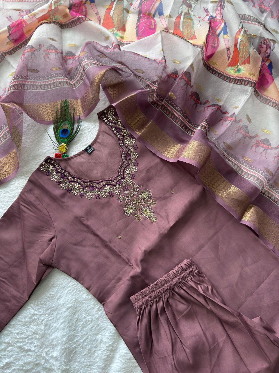Wine Chanderi Cotton Suit Set