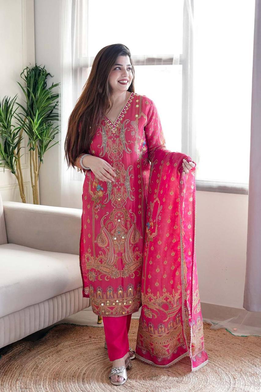 WOMEN EMBROIDERED WITH PRINT WORK SUIT SET