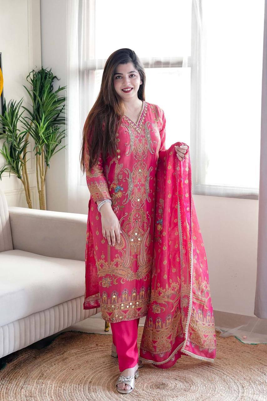 WOMEN EMBROIDERED WITH PRINT WORK SUIT SET