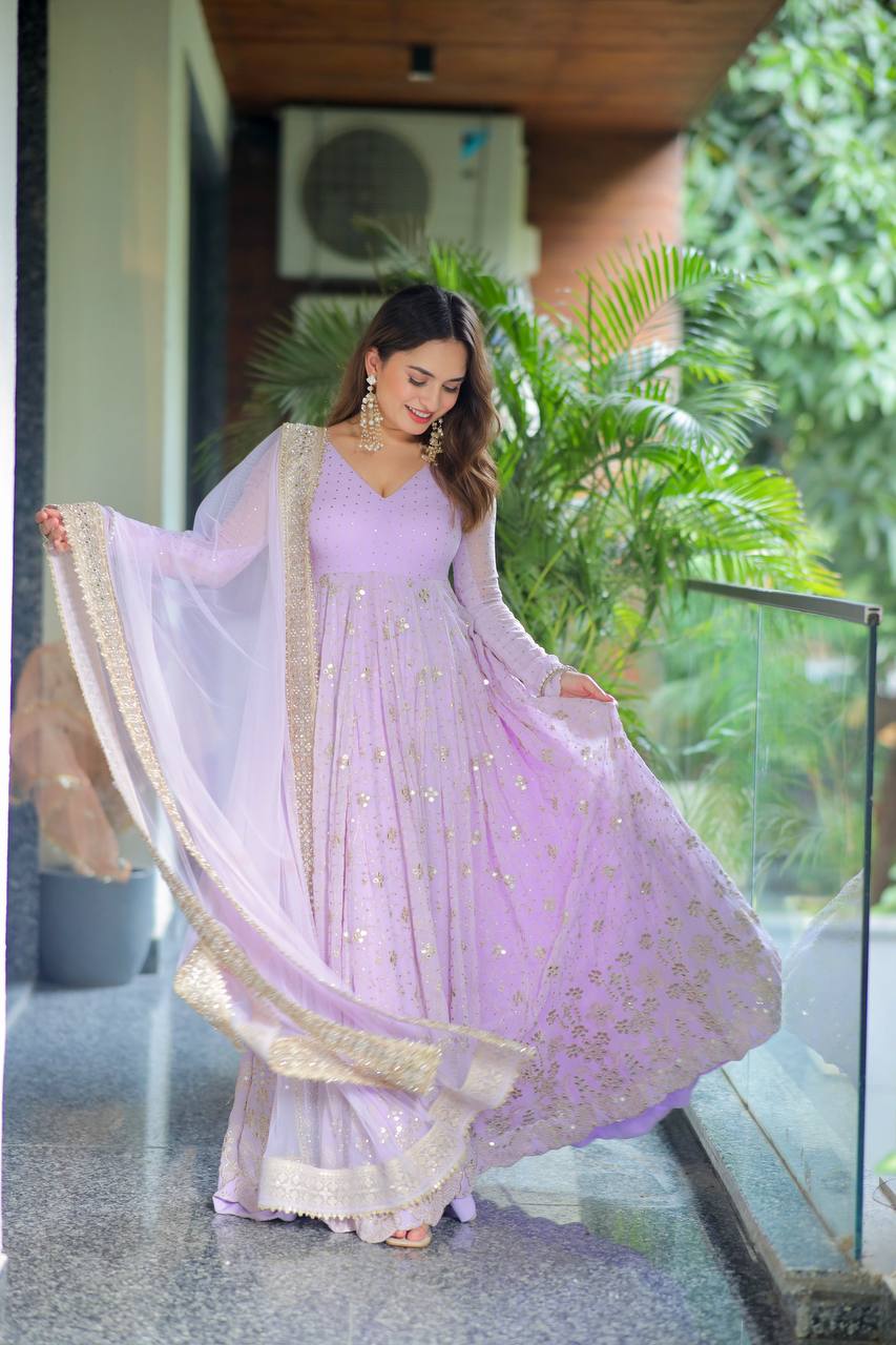 Lavender Sequin Embroidered Georgette Anarkali Set
