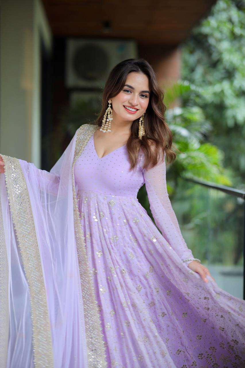Lavender Sequin Embroidered Georgette Anarkali Set