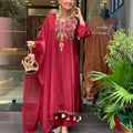 Elegant Maroon Cotton Embroidered Kurta Set with Dupatta