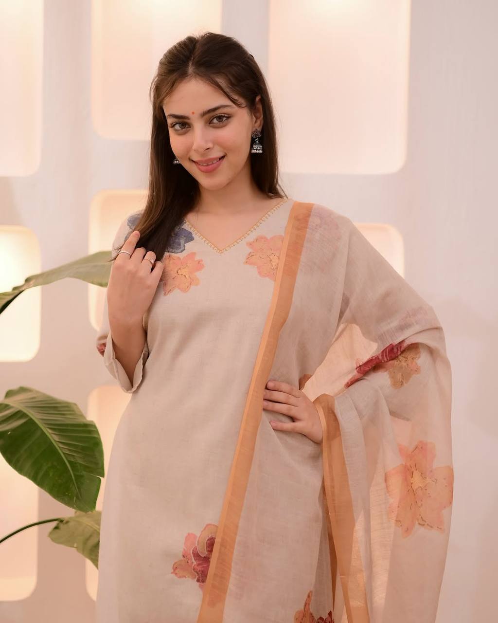 Ivory Mustard Pastel Garden Cotton Suit