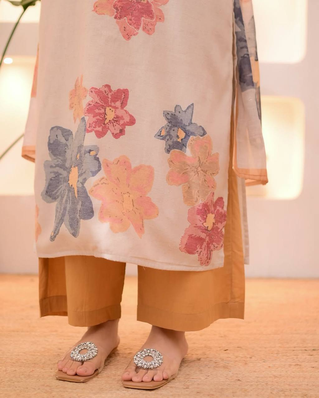 Ivory Mustard Pastel Garden Cotton Suit