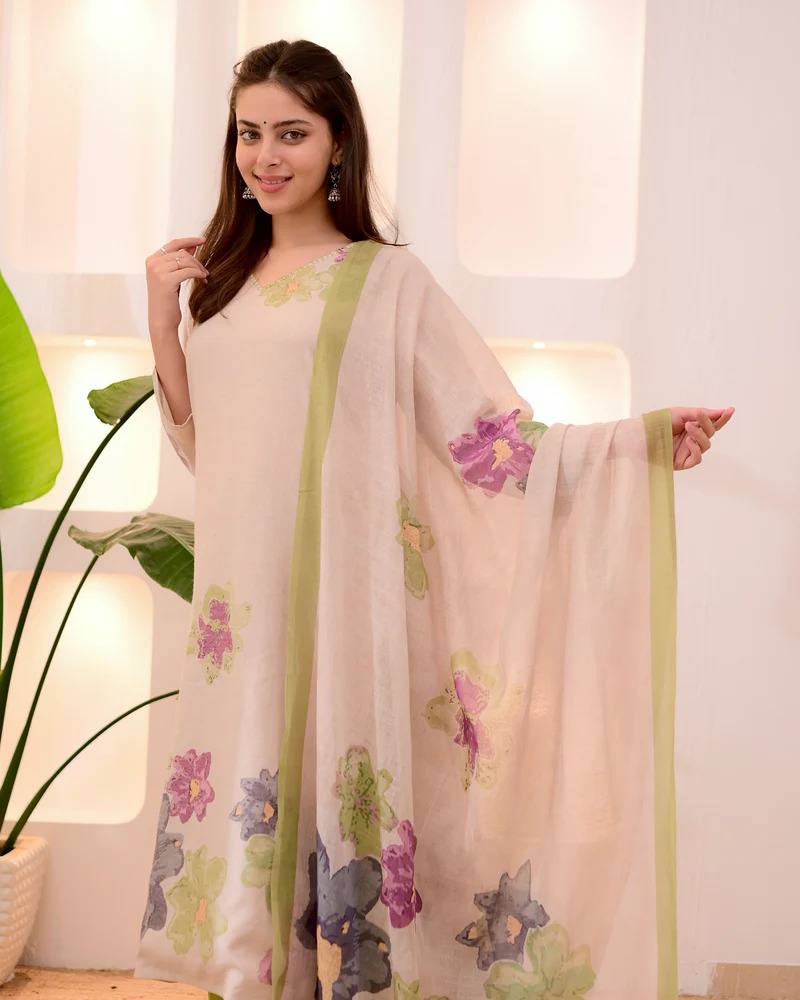 Ivory Green Pastel Garden Cotton Suit