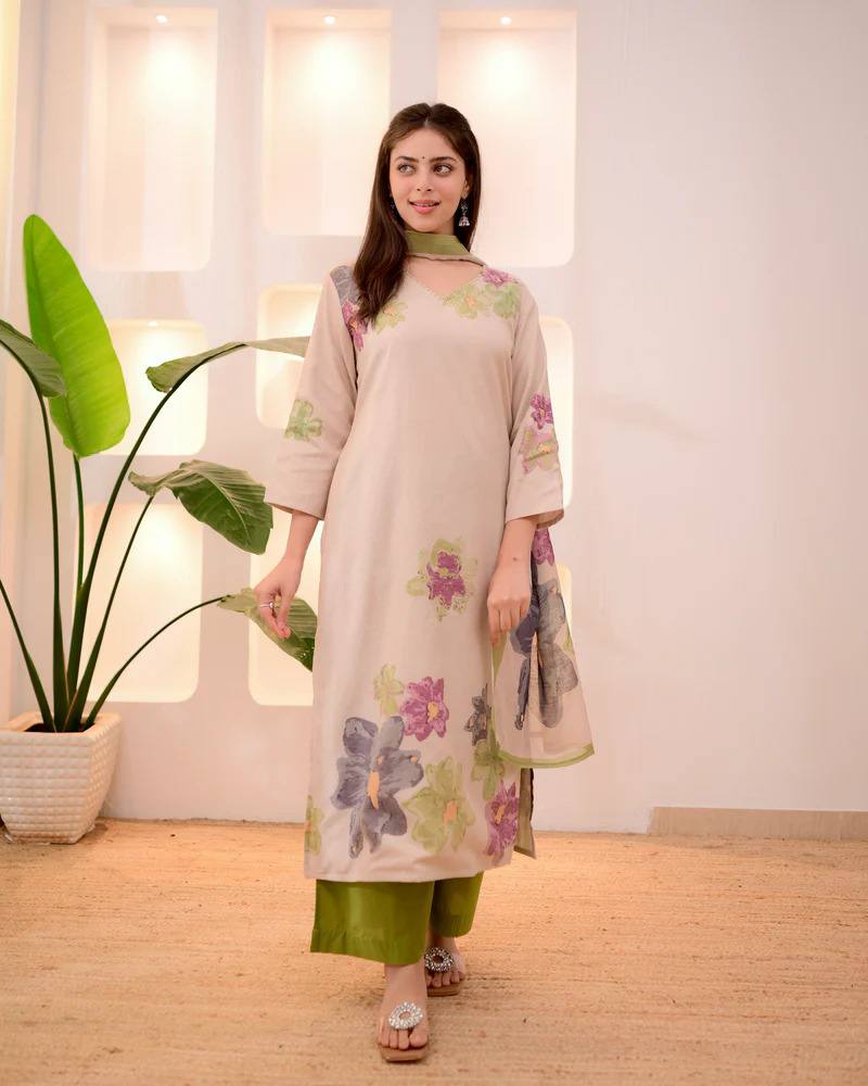 Ivory Green Pastel Garden Cotton Suit