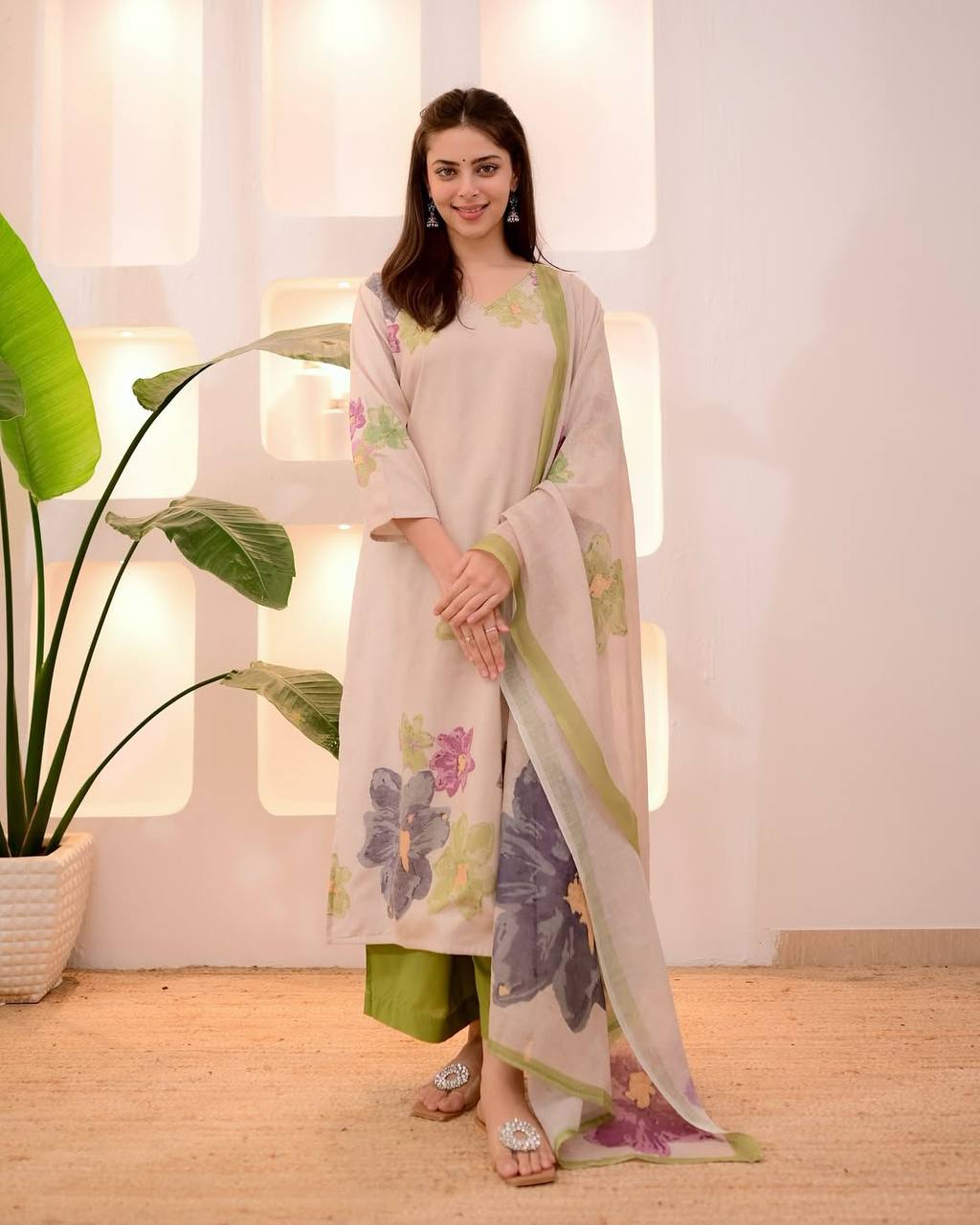 Ivory Green Pastel Garden Cotton Suit