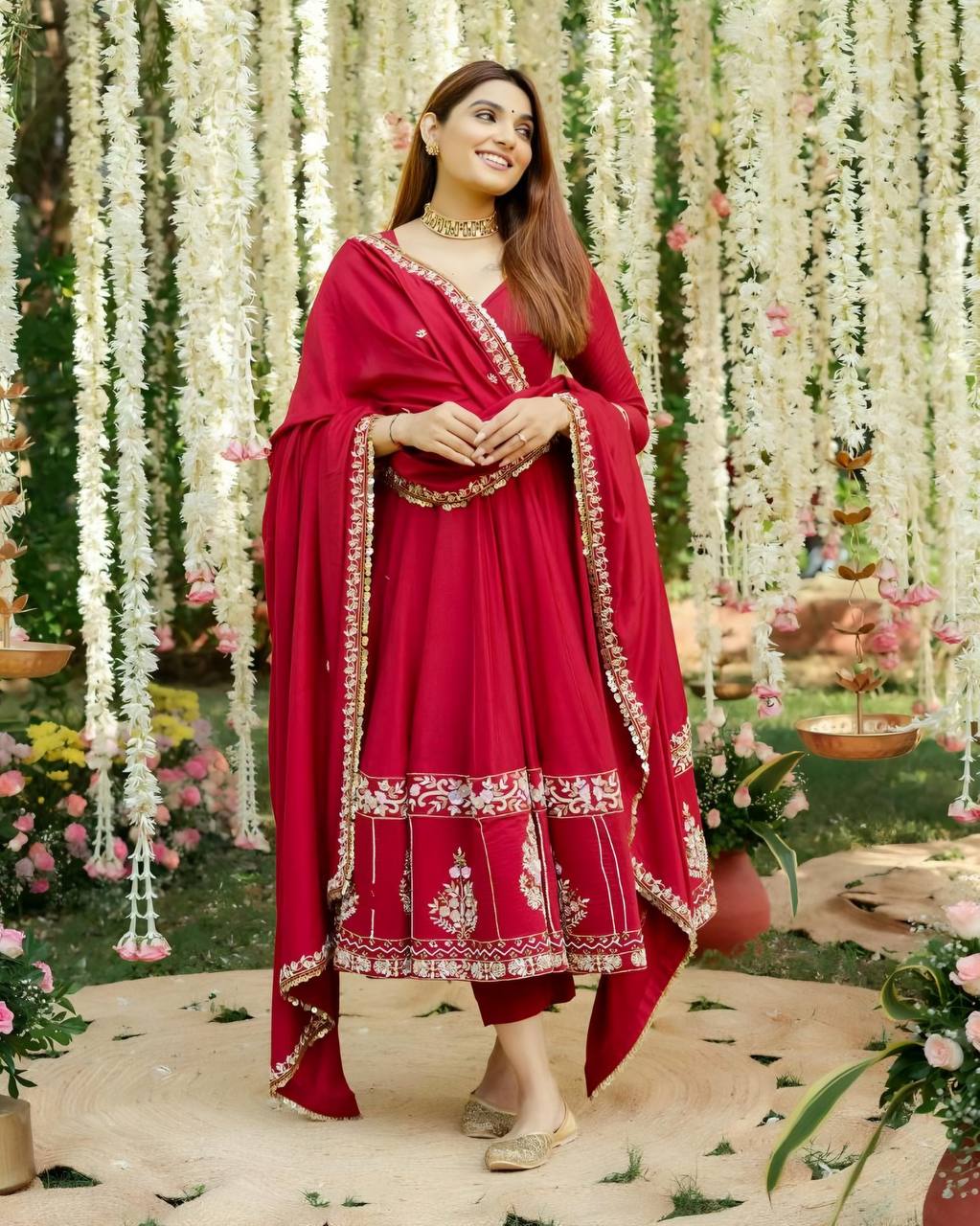 Elegant Maroon Embroidered Anarkali Suit with Dupatta