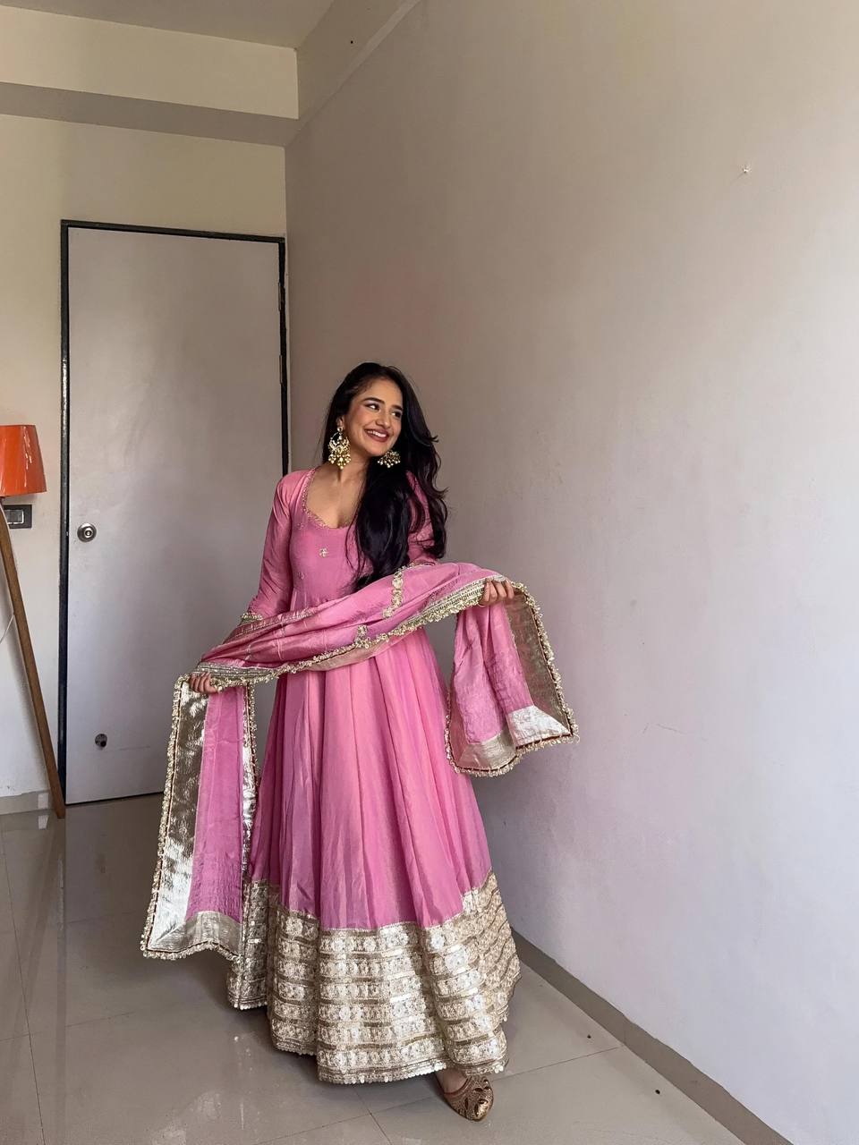 Pink Embroidered Anarkali Dress with Dupatta