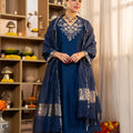 Magenta Blue V-neck Suit with Dupatta