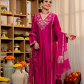 Magenta Pink V-neck Suit with Dupatta