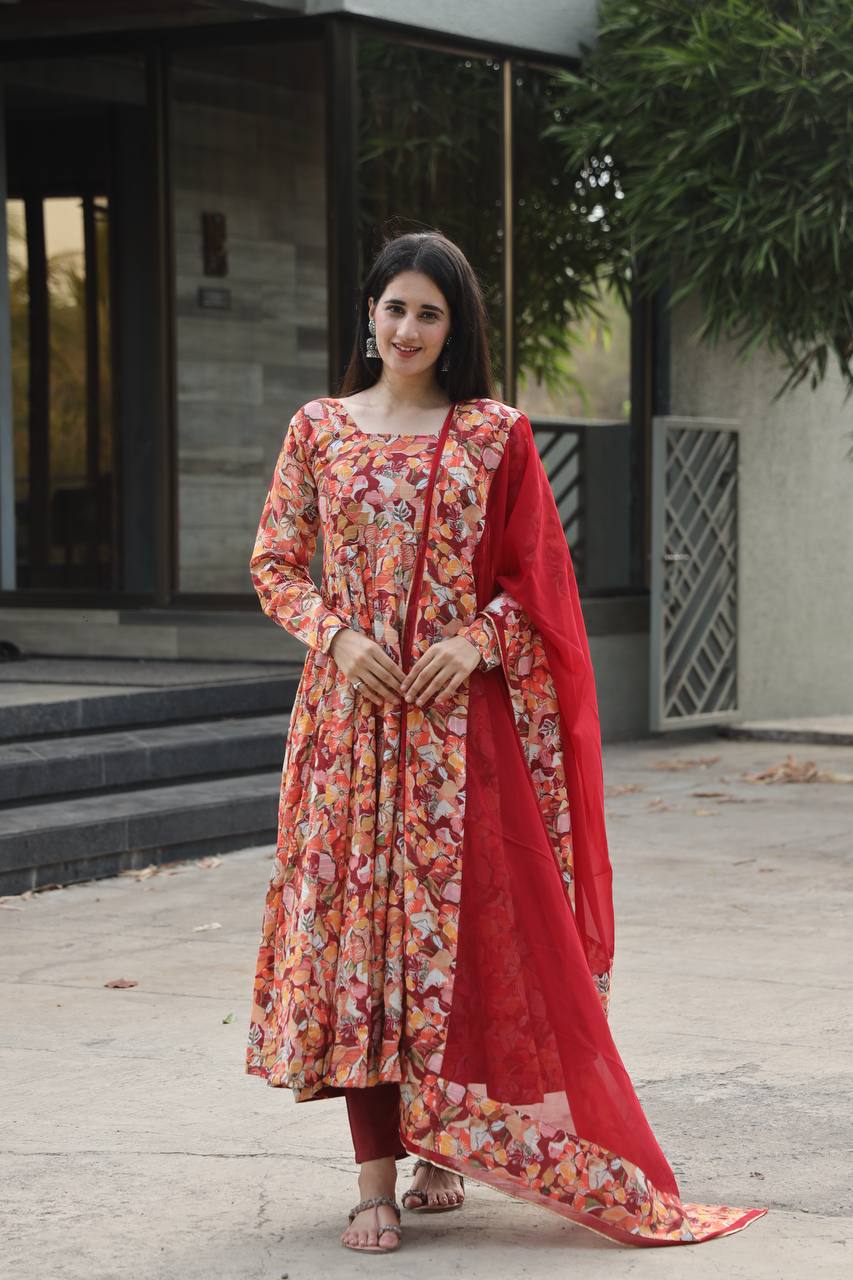Red Floral Print Anarkali Kurta Set With Dupatta