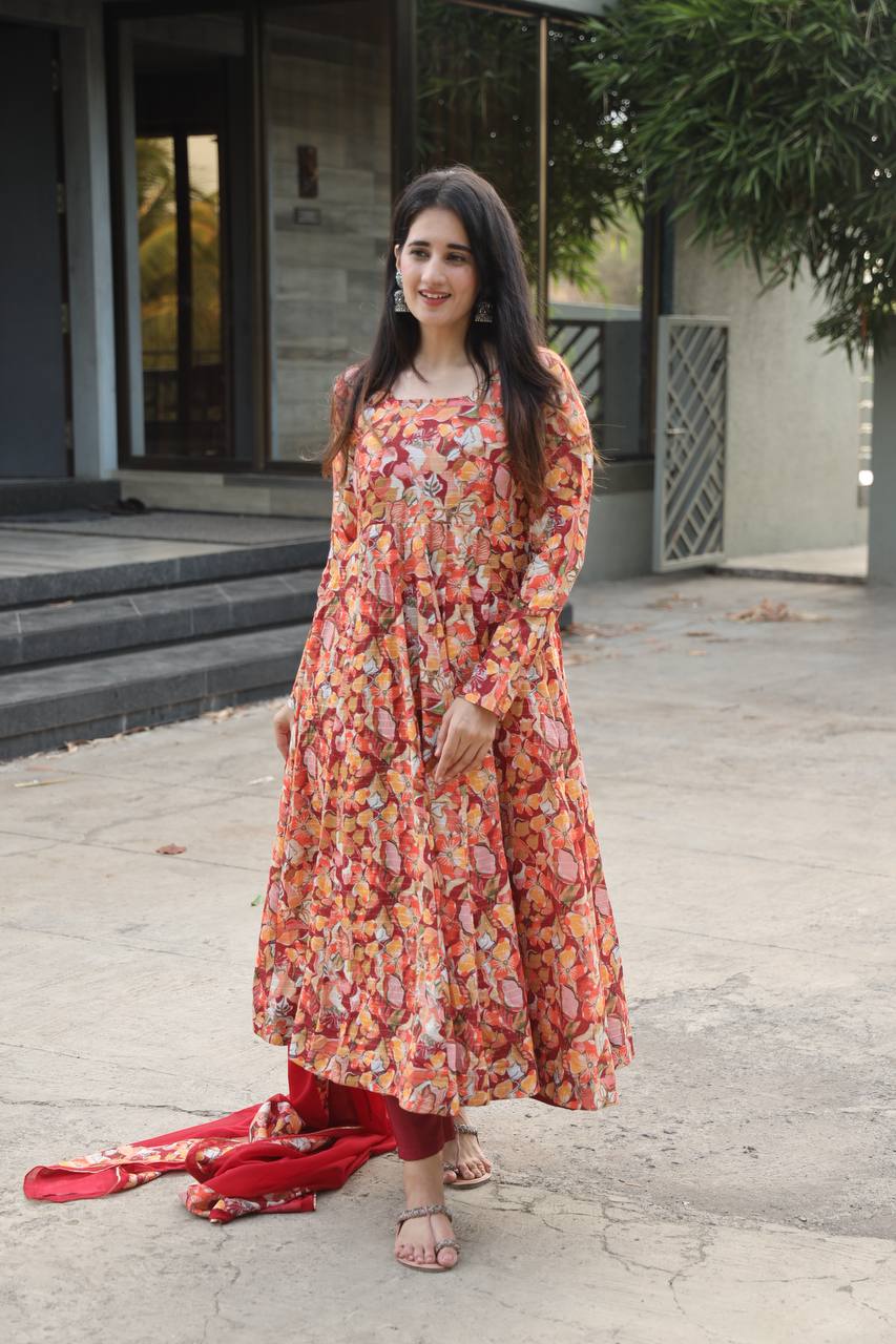 Red Floral Print Anarkali Kurta Set With Dupatta