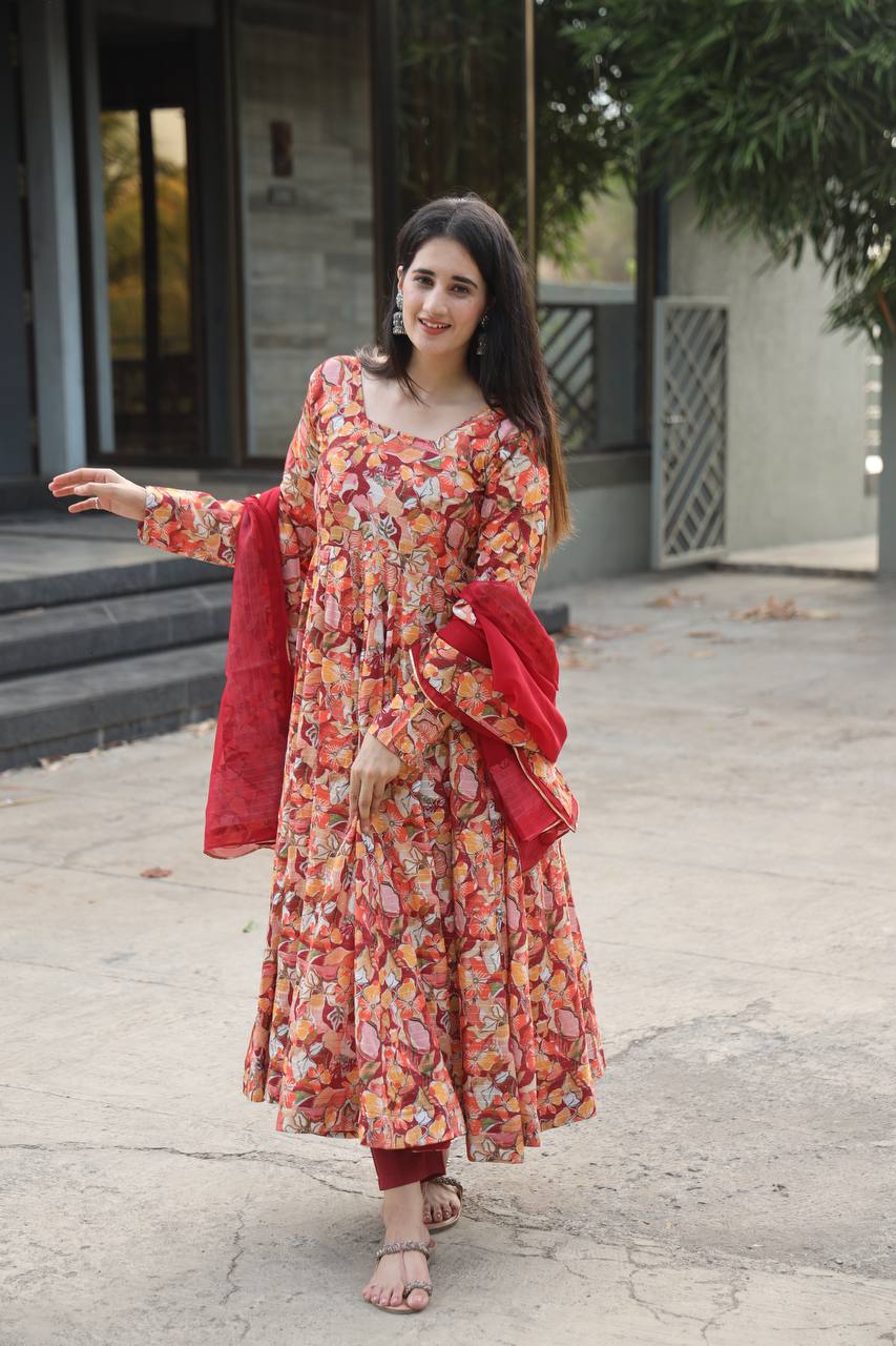 Red Floral Print Anarkali Kurta Set With Dupatta