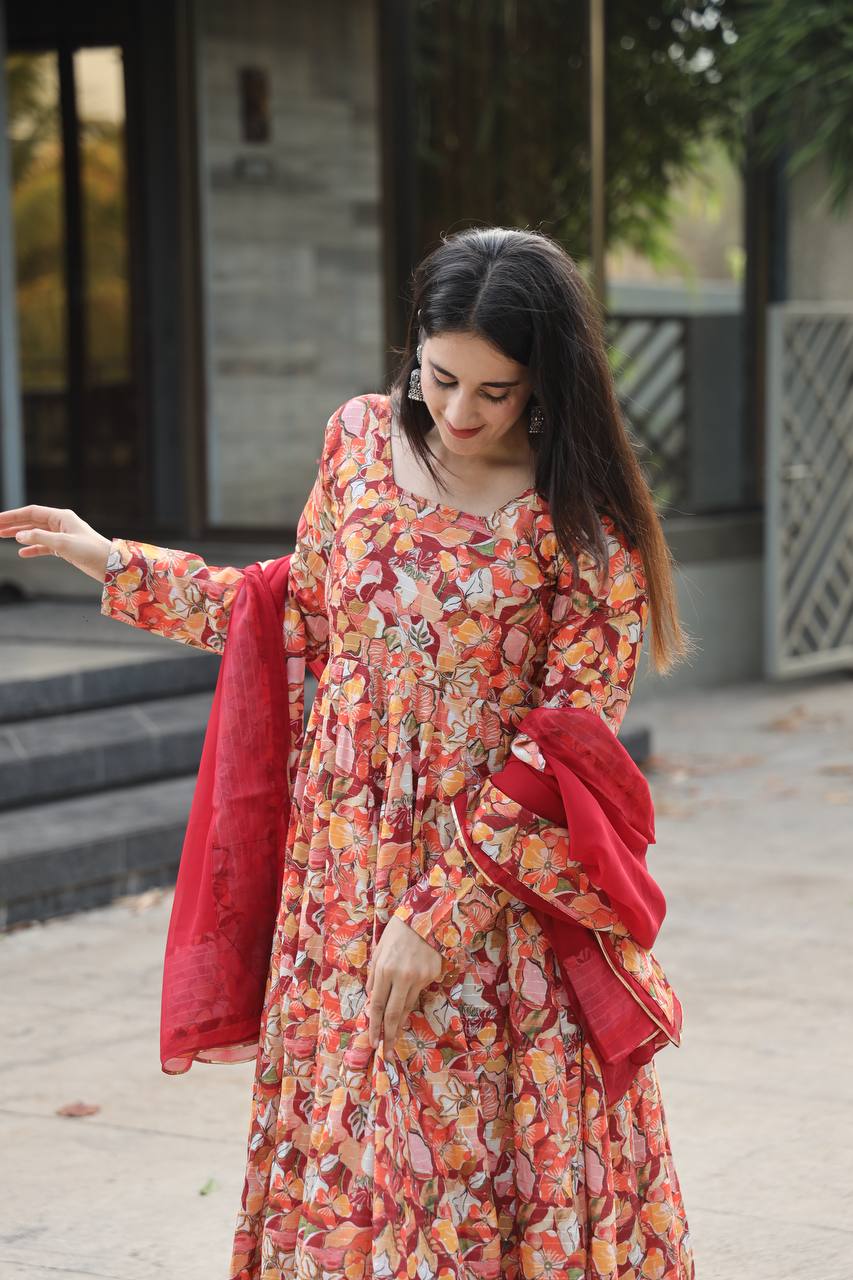 Red Floral Print Anarkali Kurta Set With Dupatta