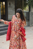 Red Floral Print Anarkali Kurta Set With Dupatta