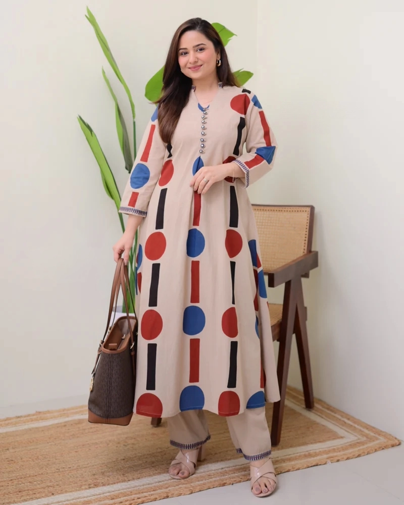 Cream A-Line Cotton Kurta Set