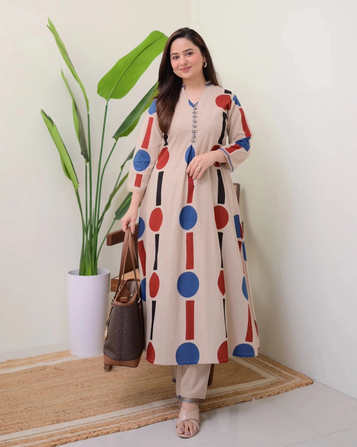Cream A-Line Cotton Kurta Set